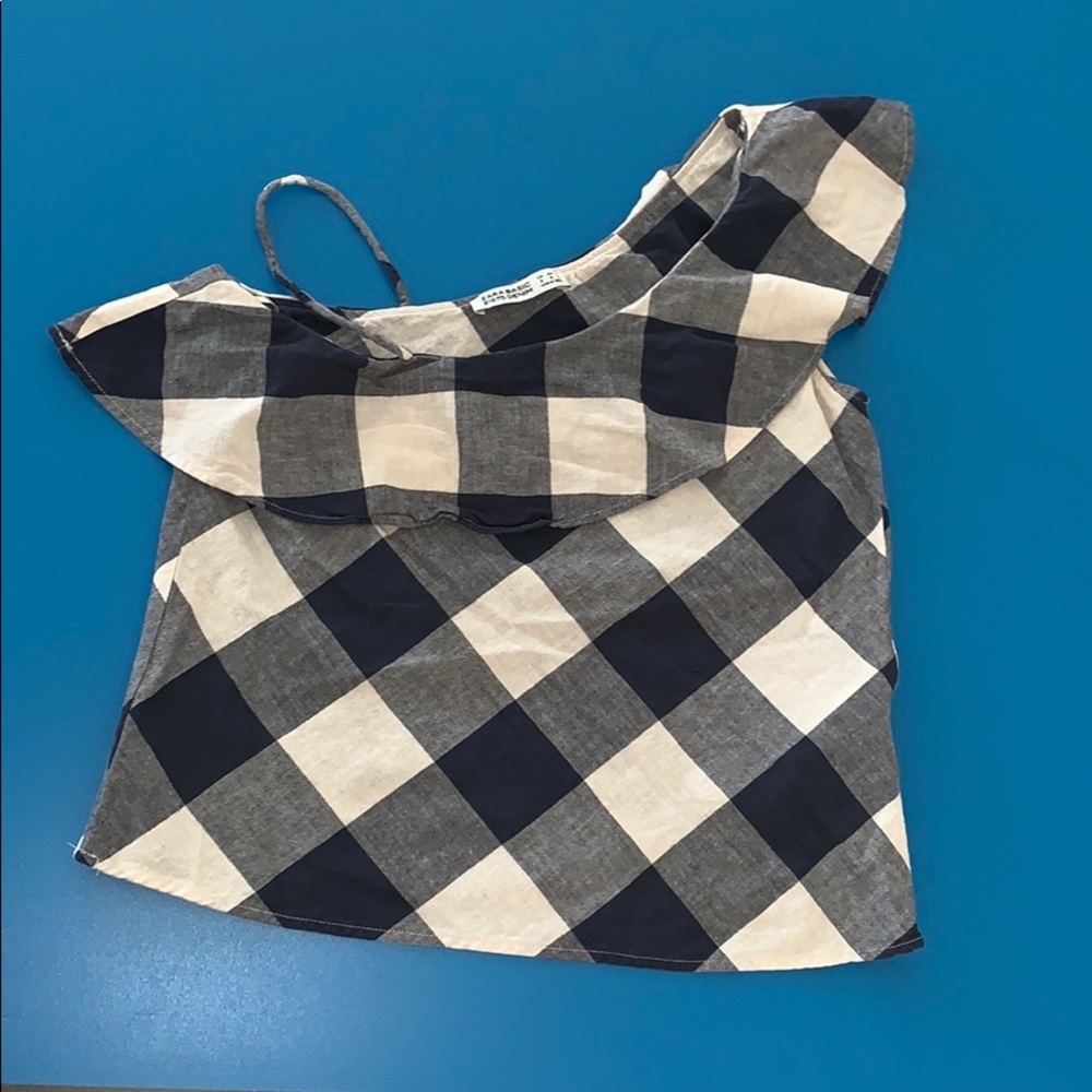Zara Gingham Plaid Ruffle One Shoulder Tank Top S